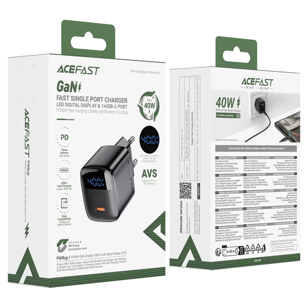 Acefast Incarcator Acefast (A135), Type-C, GaN, Fast Charge, PD45W, LED Display, AC100-240V, 1.2A, 50Hz/60Hz, EU Plug, N