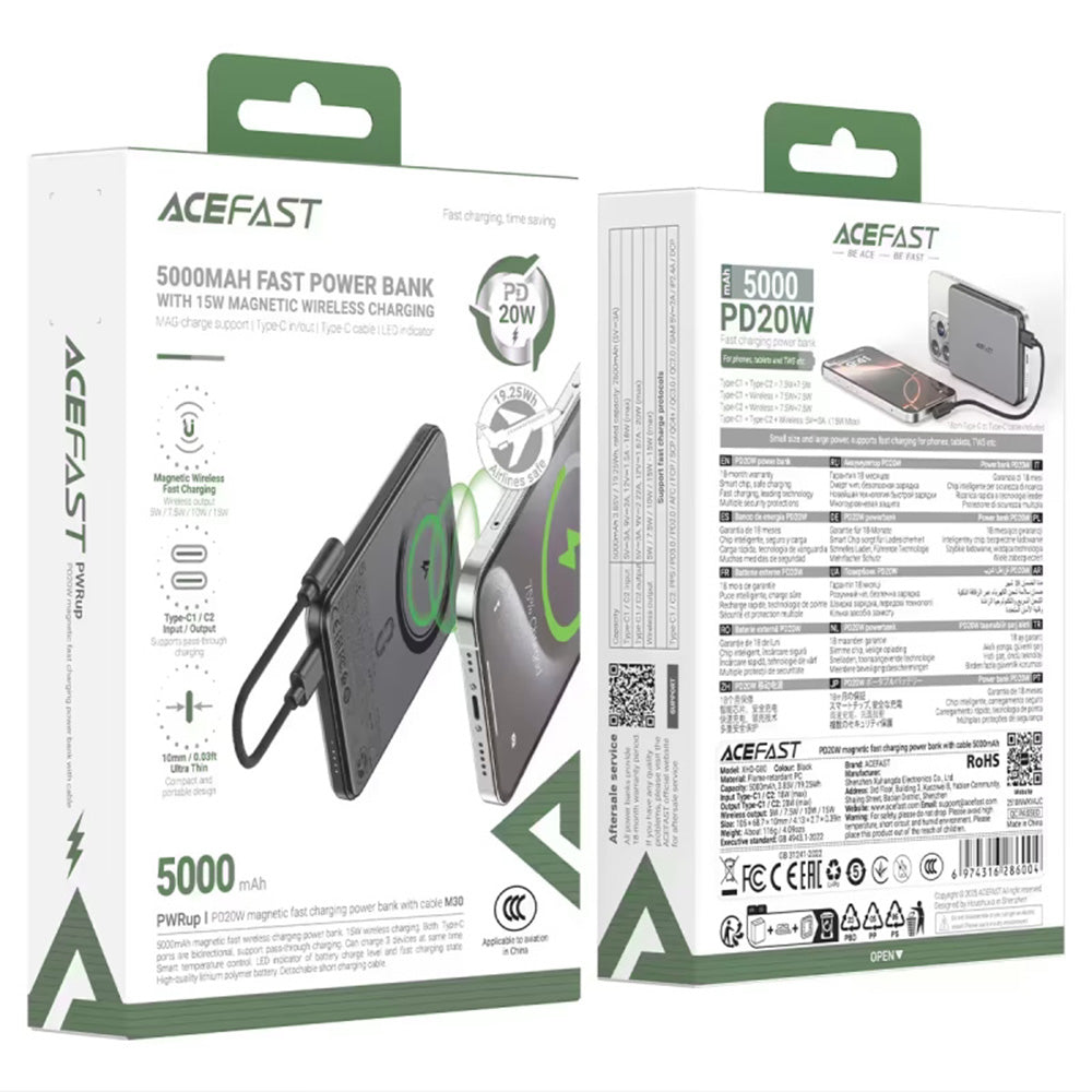 Acefast Baterie externa Acefast Magnetic Wireless (M30), with Type-C Cable, MagSafe, Ultra-thin, 2x USB-C, LED, 5000mAh,