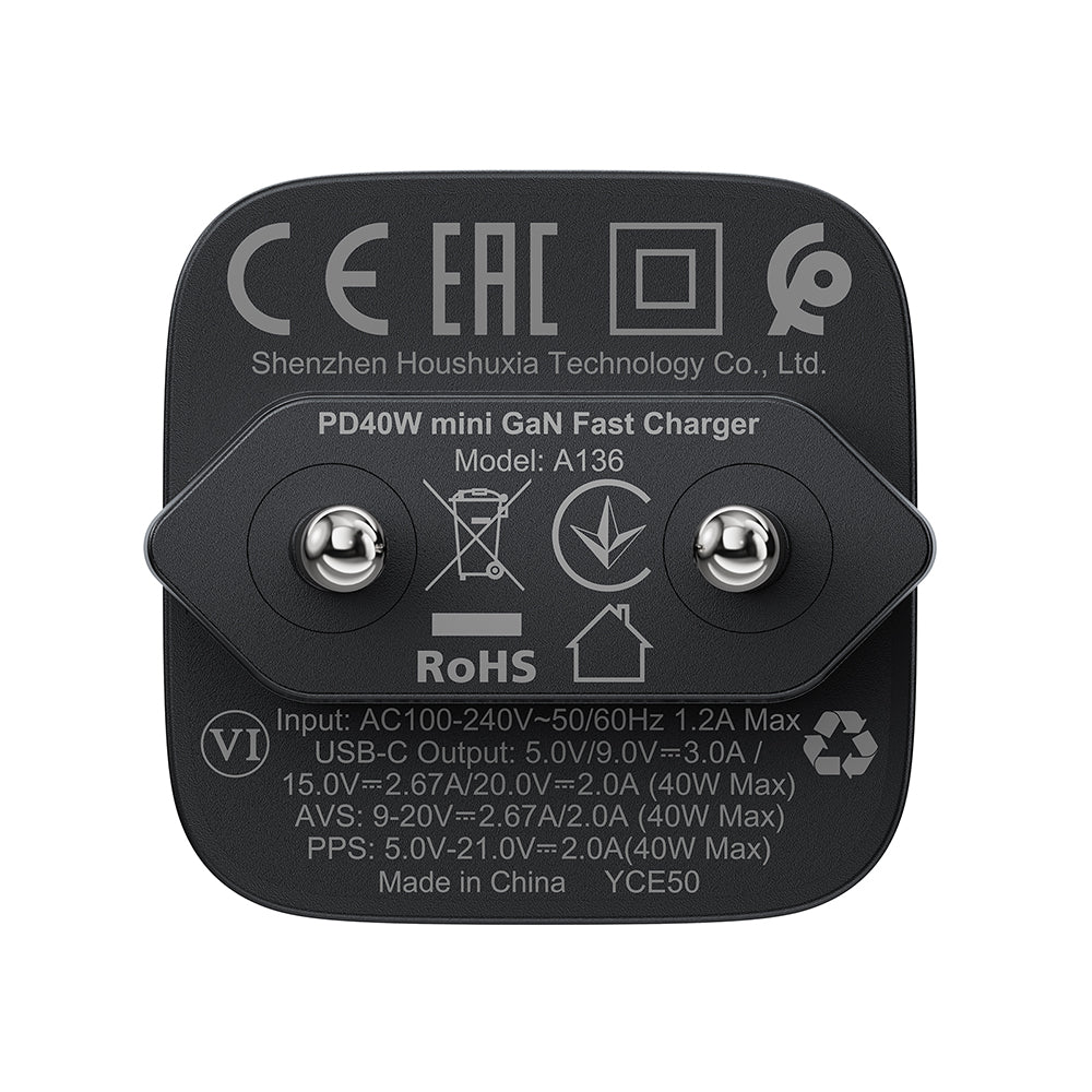 Acefast Incarcator Acefast (A136), Type-C, Fast Charge, GaN, Mini Design, PD40W, EU Plug, Negru – imagine 6