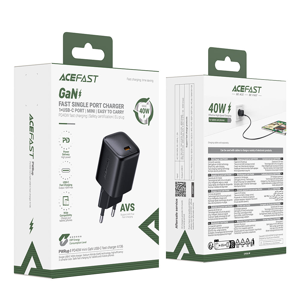 Acefast Incarcator Acefast (A136), Type-C, Fast Charge, GaN, Mini Design, PD40W, EU Plug, Negru – imagine 7