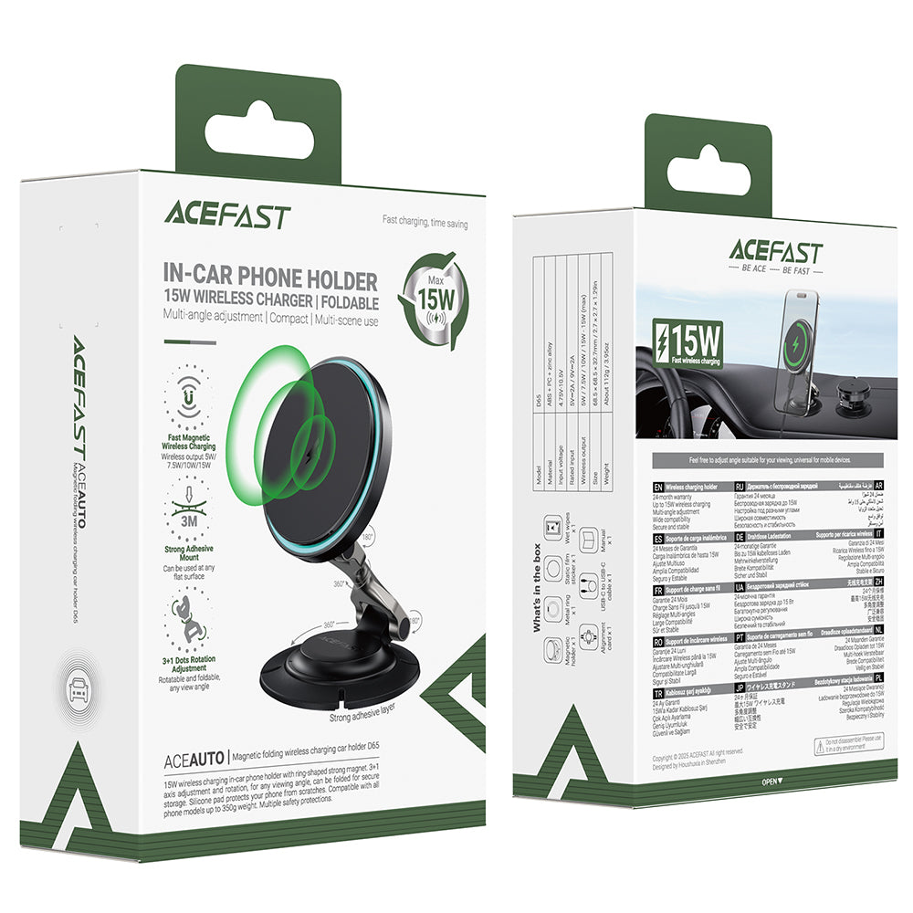 Acefast Suport Acefast with Wireless Charging (D65), Magnetic, 15W, 3+1 Axis Adjustability, Light, Foldable, Negru – ima