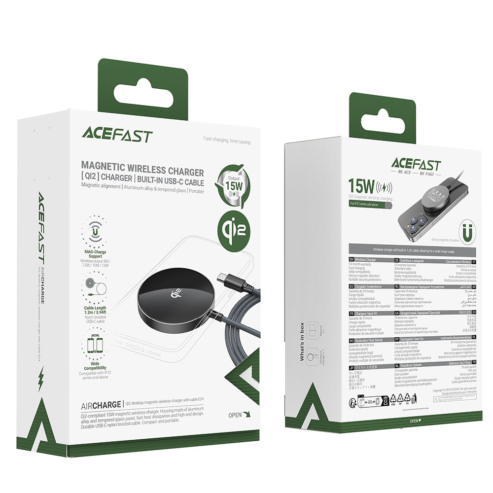 Acefast Incarcator Acefast Magnetic Wireless (E24), MagSafe, Fast Charge, Qi2, Type-C, 15W, 2.25A, Tempered Glass, 1.2m,