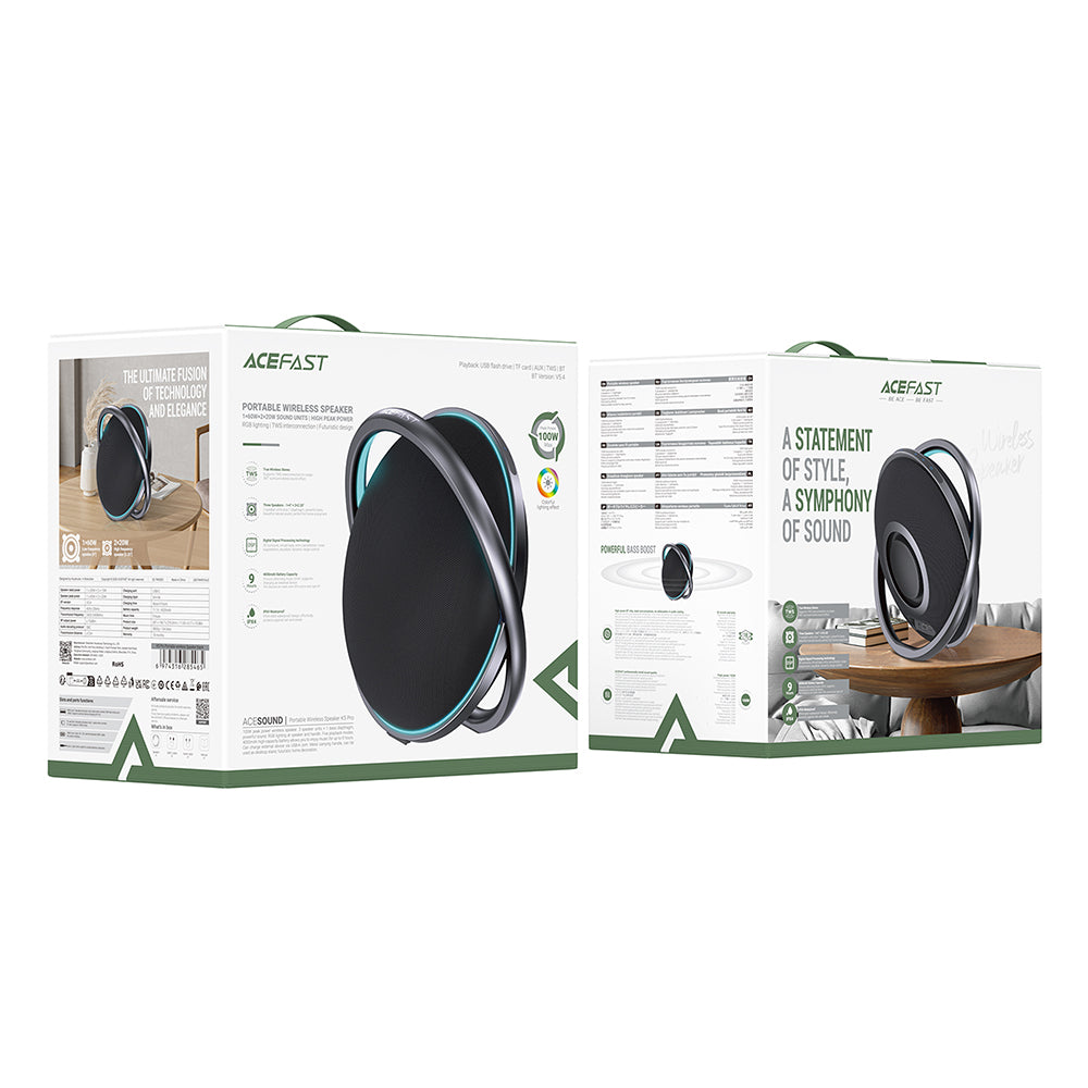Acefast - Wireless Speaker (K5 Pro) - with Stand, TF, BT 5.4, AUX, DSP Processor, RGB, 100W, 4000mAh, IPX4, USB-C - Blac