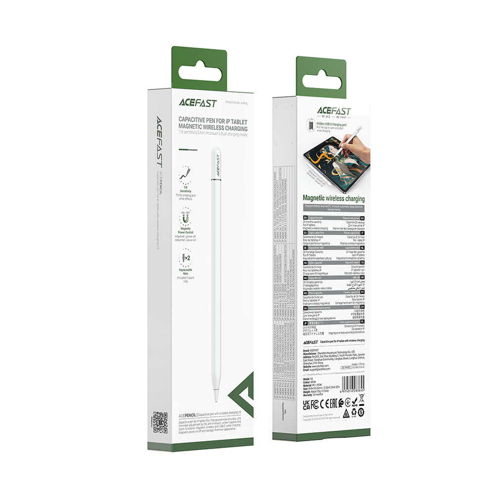 Acefast - Stylus Pen (V3) - for iPad, Active, Capacitive, with Wireless Charging, Minimal Lag, 90mAh, Type-C - White