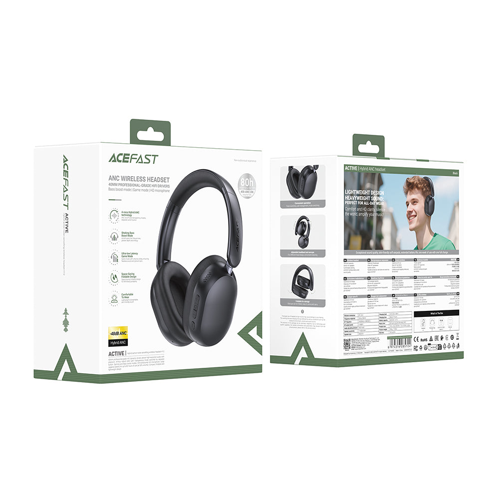 Acefast Casti Acefast Wireless Headset (H12), 4-Mic Hybrid ANC, 40mm Hi-Fi, BT 5.4, Game Mode, Bass Boost, HD Mic, Alb –