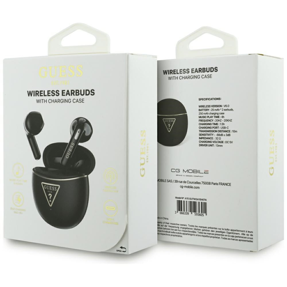 Guess - Wireless Earbuds Script Print (GUTWSA15HETK) - In-ear, Bluetooth, TWS, Small Round Design - Black