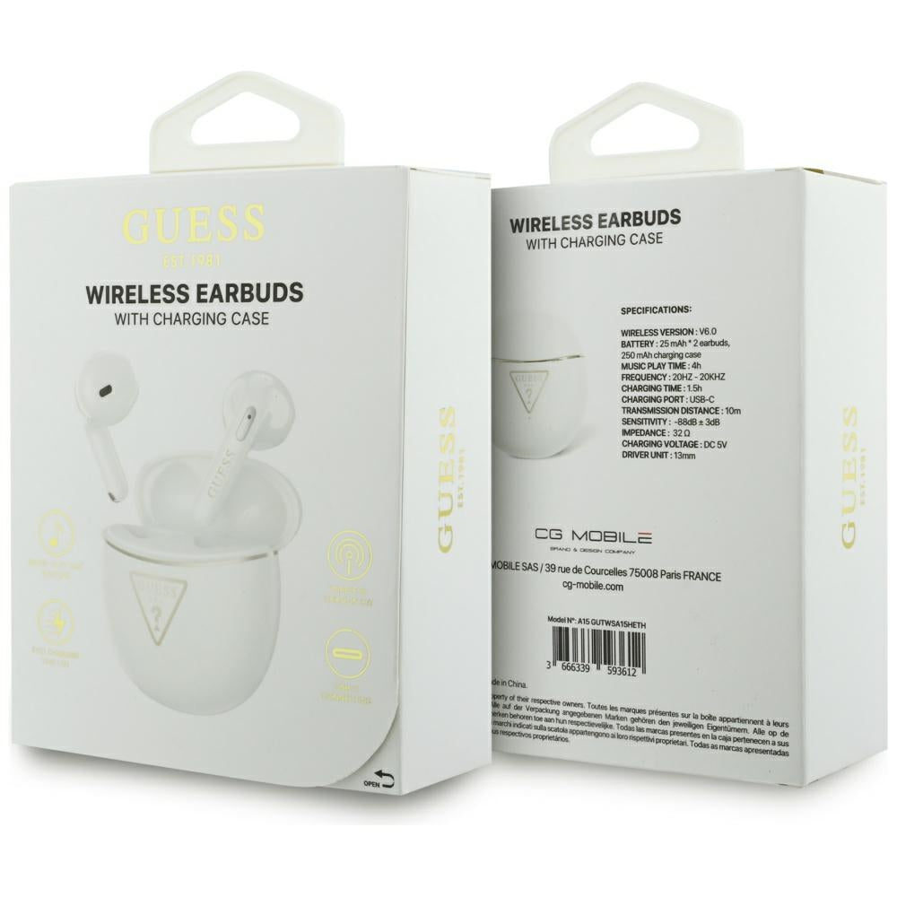 Guess - Wireless Earbuds Script Print (GUTWSA15HETH) - In-ear, Bluetooth, TWS, Small Round Design - White