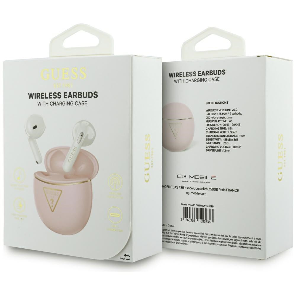 Guess - Wireless Earbuds Script Print (GUTWSA15HETP) - In-ear, Bluetooth, TWS, Small Round Design - Pink