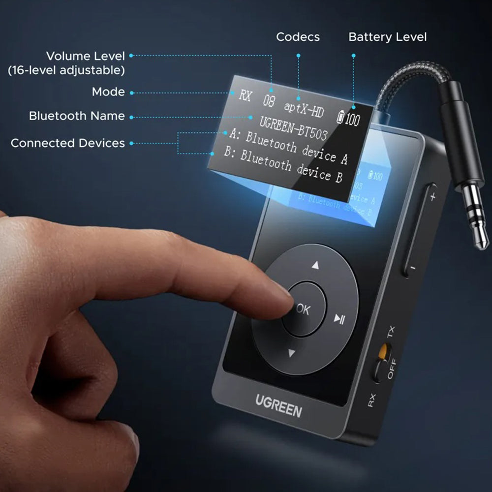 Ugreen - Transmitter Audio Adapter BT503 (45492) - Type-C, Jack 3.5mm, Bluetooth 5.3, Hi-Res, OLED Display, 300mAh - Bla