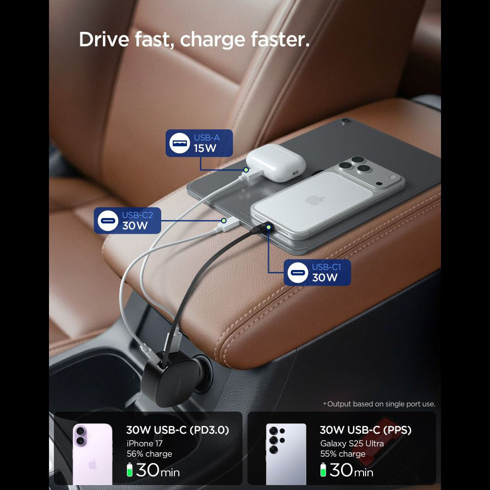 Spigen - Car Charger Essential EV603BT (ACP10515) - 3in1, USB, 2x Type-C, Built-in Retractable Cable, Fast Charging, 60W