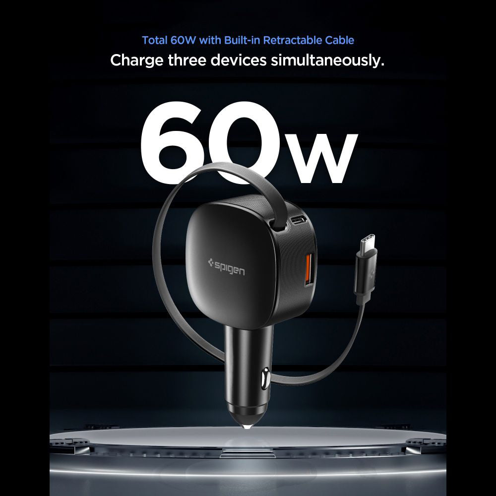 Spigen - Car Charger Essential EV603BT (ACP10515) - 3in1, USB, 2x Type-C, Built-in Retractable Cable, Fast Charging, 60W