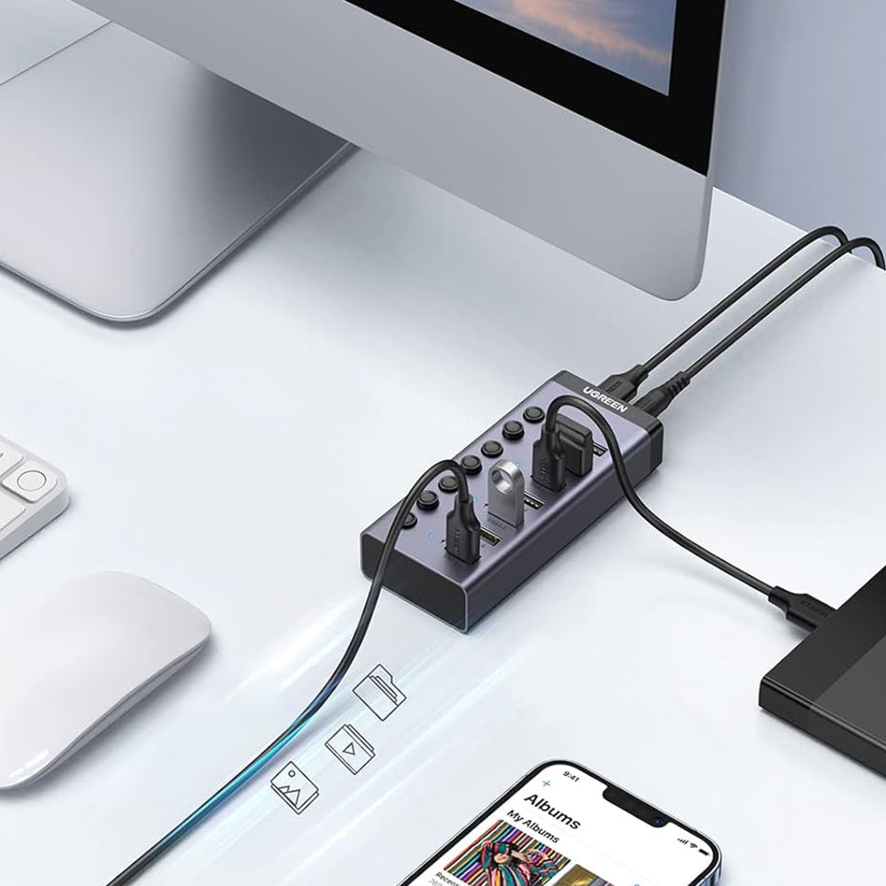 Ugreen Hub/Dock Ugreen Docking Station CM481 (90307), with Power Adapter, Type-C to 7x USB, 5Gbps, Individual Switch/Led