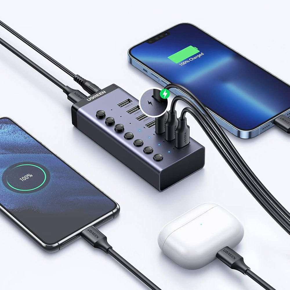 Ugreen Hub/Dock Ugreen Docking Station CM481 (90307), with Power Adapter, Type-C to 7x USB, 5Gbps, Individual Switch/Led