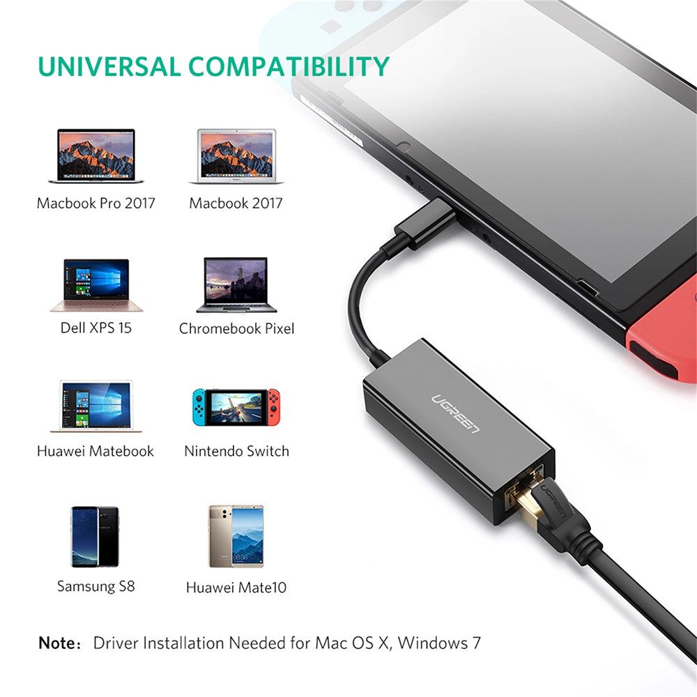 Ugreen - Ethernet Adapter US236 (50307) - USB-C to RJ45 LAN Port, Plug & Play, Windows, macOS, 1000Mbps - Black