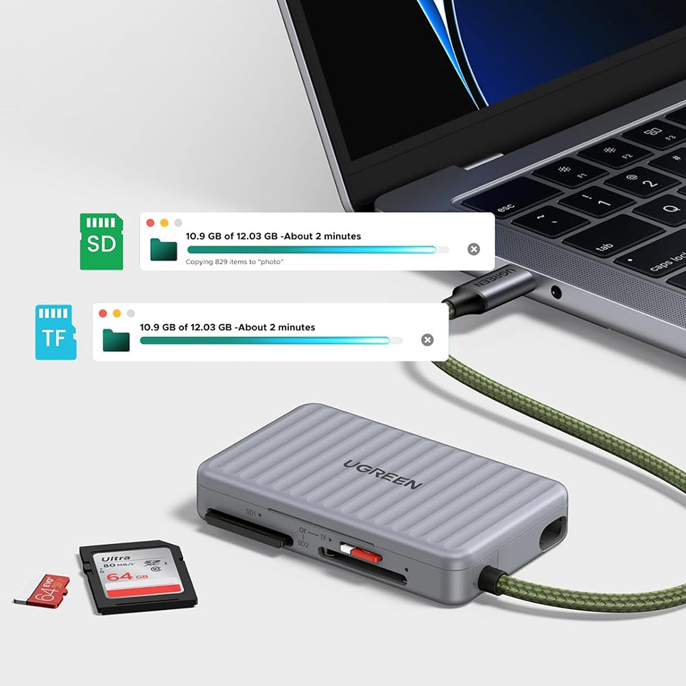 Ugreen - Card Reader (55886) - Type-C to 2x SD, TF Card, Dual Connector, 170MB/s, Plug&Play, Built-in Cable - Grey