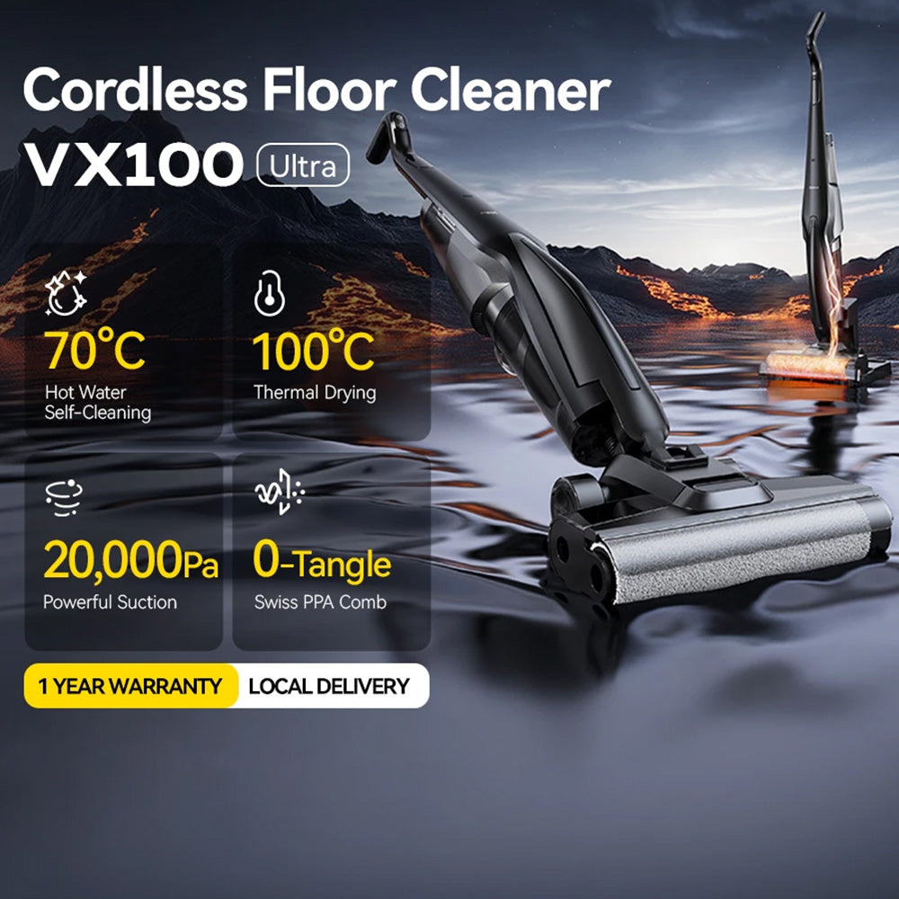 Deerma - Cordless Vacuum Cleaner (VX100 Ultra) - Dry & Wet Cleaning, 20000Pa, 300W, Auto Brush Wash, 4000mAh, IPX6 - Bla