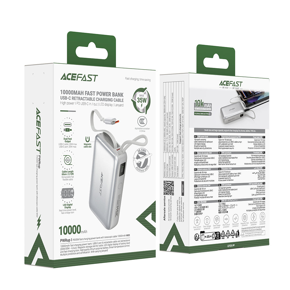 Acefast Baterie externa Acefast (M32), with Telescopic Cable, Type-C, Fast Charge, PD35W, 10000mAh, Argintiu – imagine 5