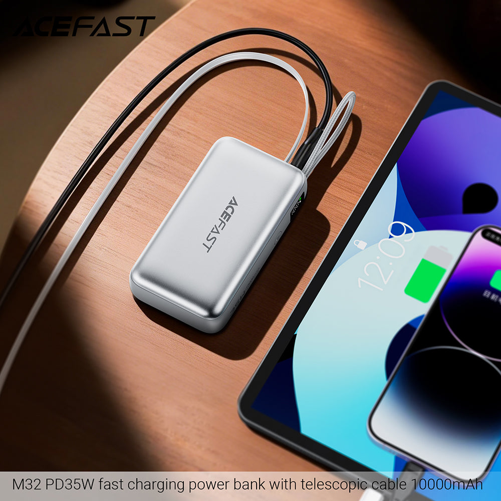 Acefast Baterie externa Acefast (M32), with Telescopic Cable, Type-C, Fast Charge, PD35W, 10000mAh, Argintiu – imagine 4