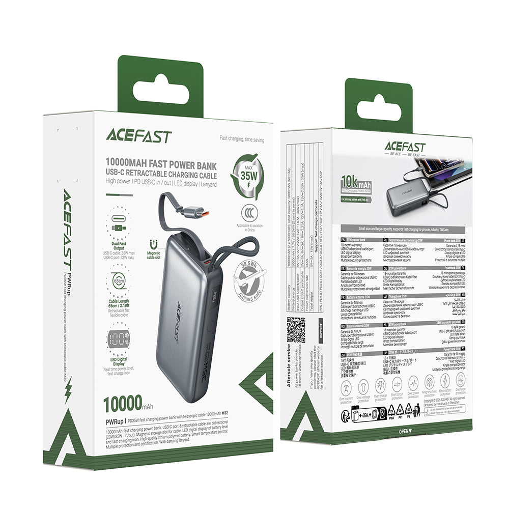 Acefast Baterie externa Acefast (M32), with Telescopic Cable, Type-C, Fast Charge, PD35W, 10000mAh, Metal Gray – imagine