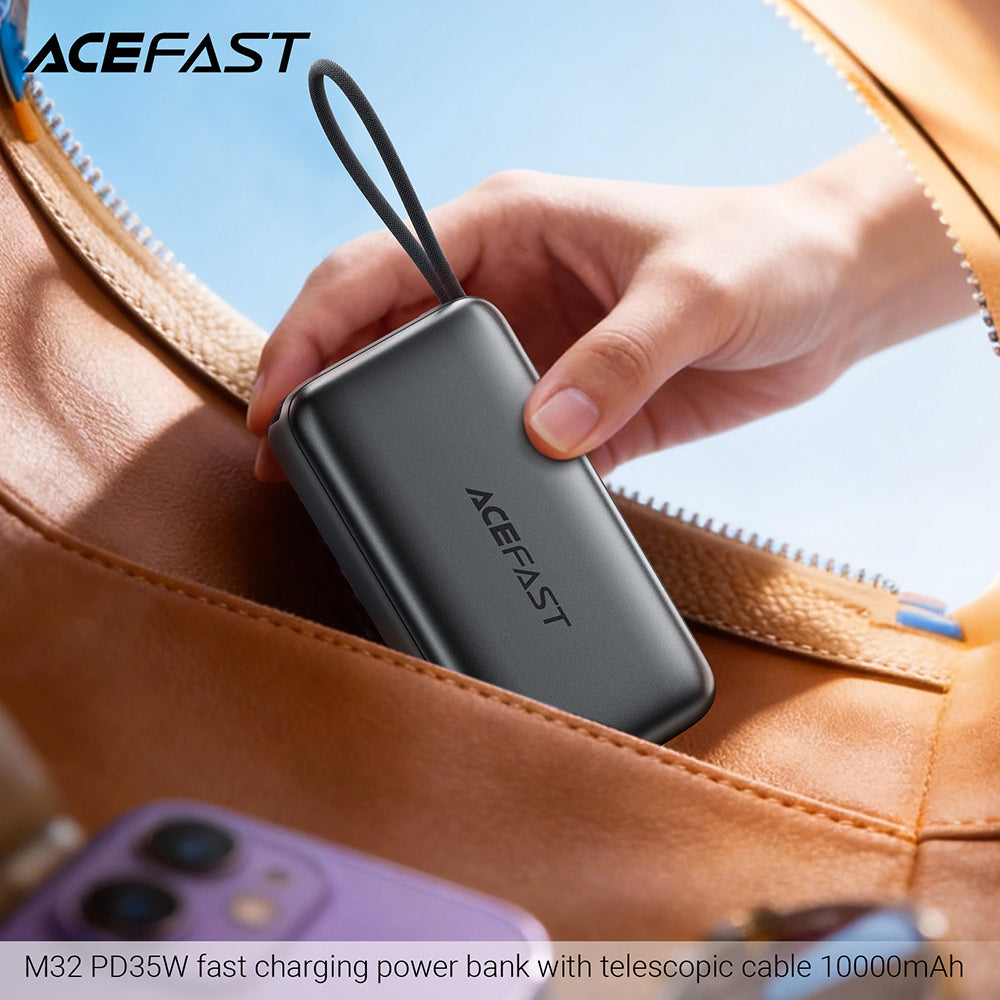 Acefast Baterie externa Acefast (M32), with Telescopic Cable, Type-C, Fast Charge, PD35W, 10000mAh, Metal Gray – imagine