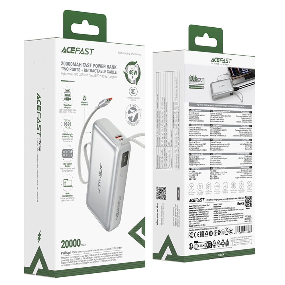 Acefast Baterie externa Acefast (M34), with Telescopic Cable, Type-C, Fast Charge, PD45W, 20000mAh, Argintiu – imagine 6