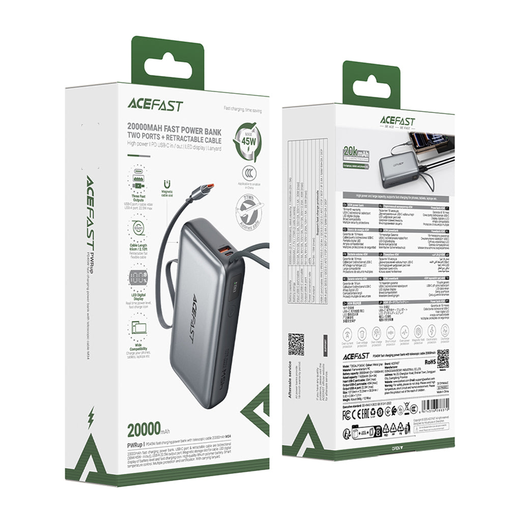 Acefast Baterie externa Acefast (M34), with Telescopic Cable, Type-C, Fast Charge, PD45W, 20000mAh, Gri – imagine 6