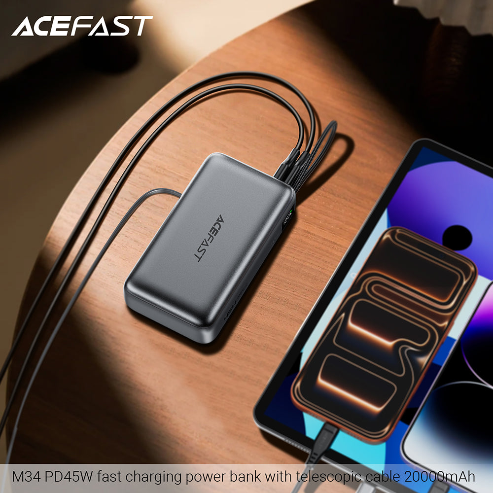 Acefast Baterie externa Acefast (M34), with Telescopic Cable, Type-C, Fast Charge, PD45W, 20000mAh, Gri – imagine 5