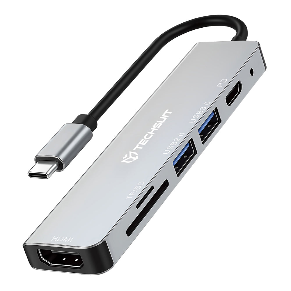 Techsuit - Docking Station TurboChargeX 6 in 1 (H5) - Type-C to 2x USB, Type-C, HDMI, TF/SD Card, PD100W, 4K@30Hz - Gray
