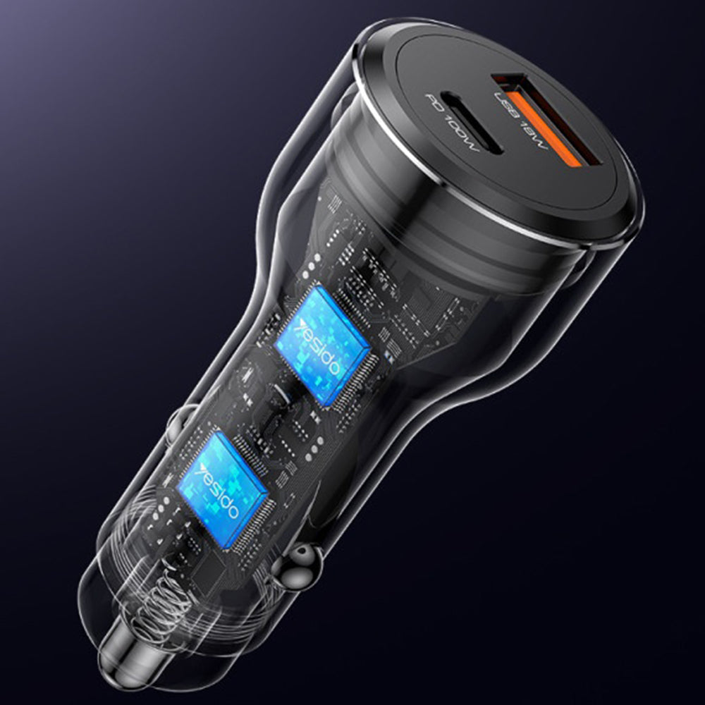 Yesido - Car Charger (Y65) - Dual-Port USB-A + Type-C, PD100W, Aluminum Alloy, Super Fast Charging - Black