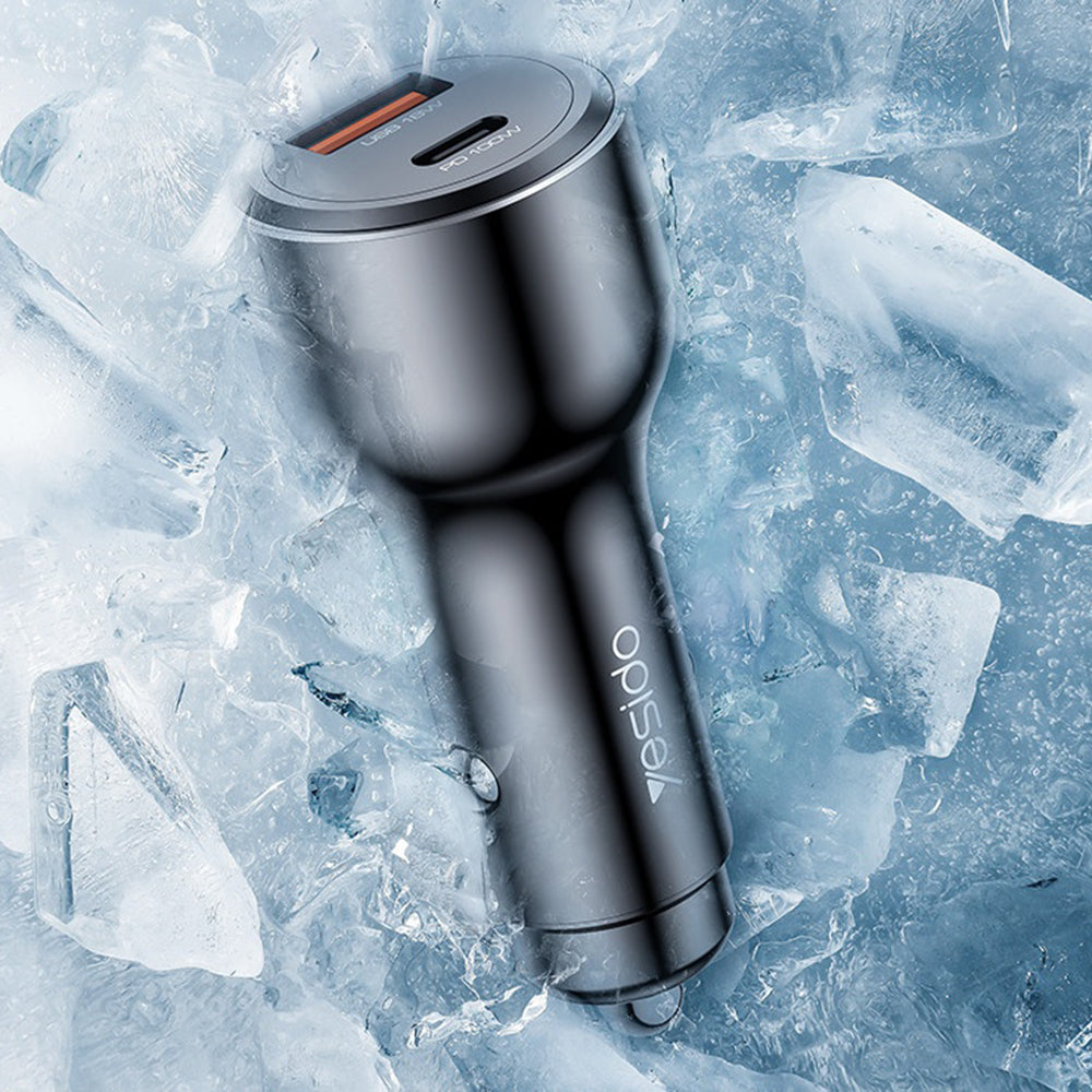 Yesido - Car Charger (Y65) - Dual-Port USB-A + Type-C, PD100W, Aluminum Alloy, Super Fast Charging - Black