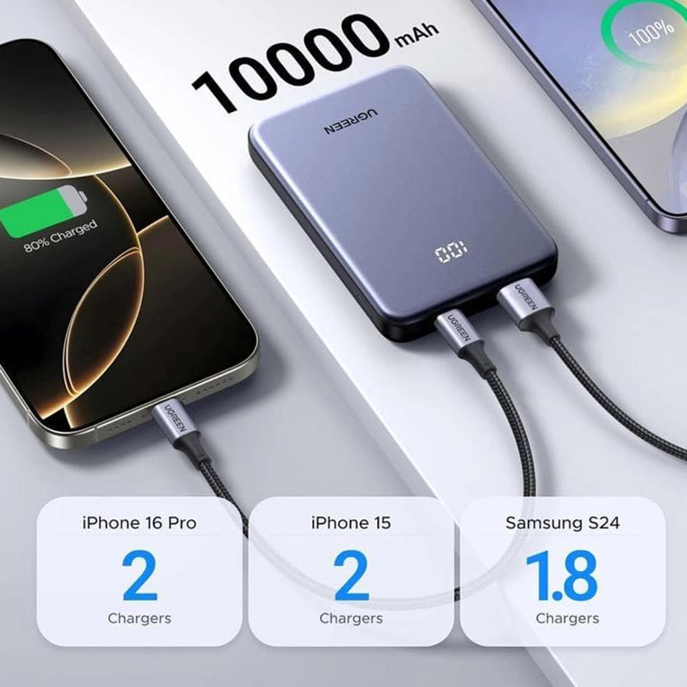 Ugreen - Power Bank PB507 (75131B) - Fast Charging, Digital Display, USB, Type-C, 22.5W, 10000mAh - Grey