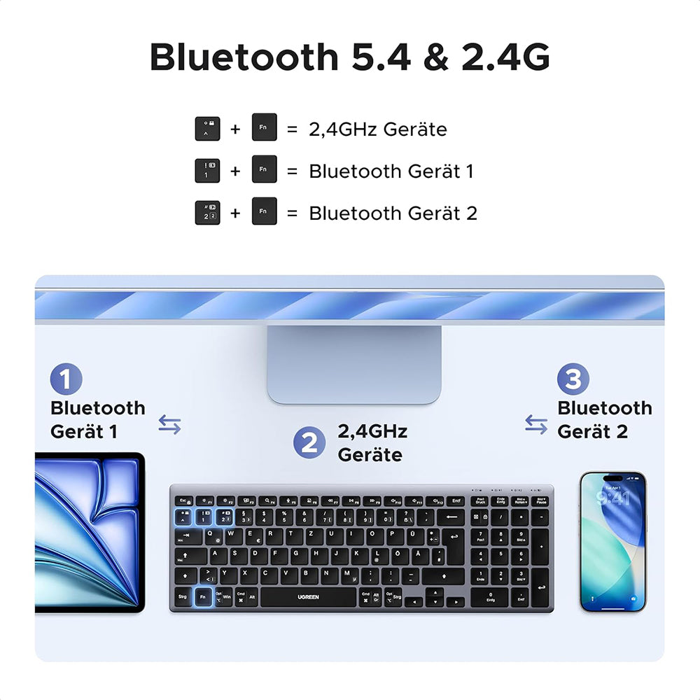 Ugreen - Wireless Keyboard K552 (75163) - Bluetooth 5.0, USB-C, Multi-device Connection, Metal Shell, 99 Keys, 500mAh - 