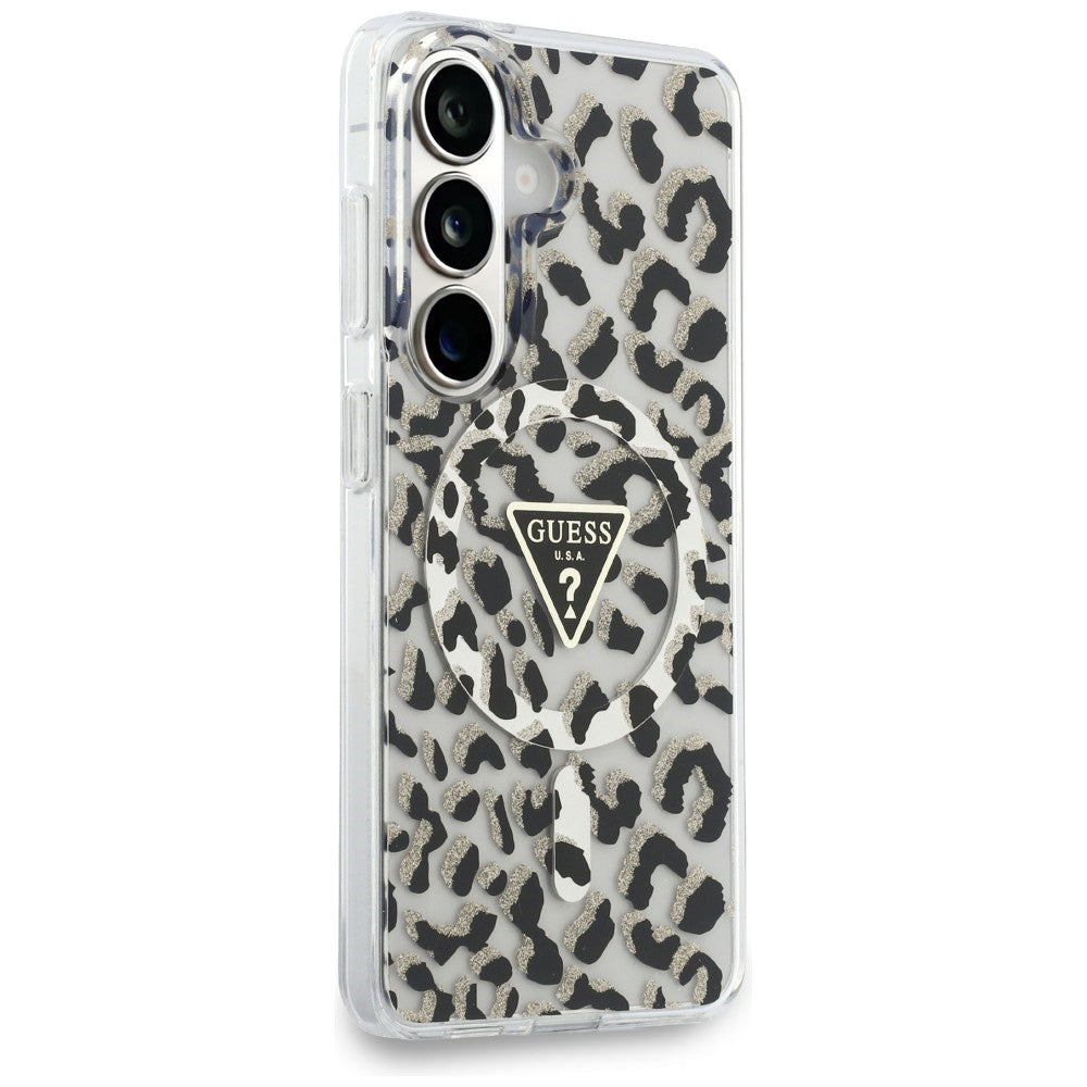 Husa pentru Samsung Galaxy S26 - Guess IML Leopard Print Triangle MagSafe (GUHMS26SHLEGTGLK) - Black