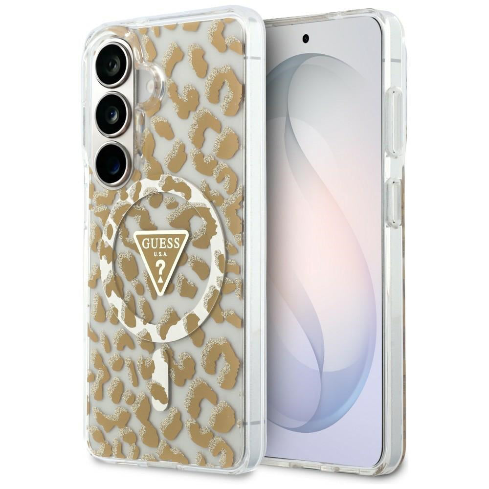 Husa pentru Samsung Galaxy S26 - Guess IML Leopard Print Triangle MagSafe (GUHMS26SHLEGTGLW) - Brown