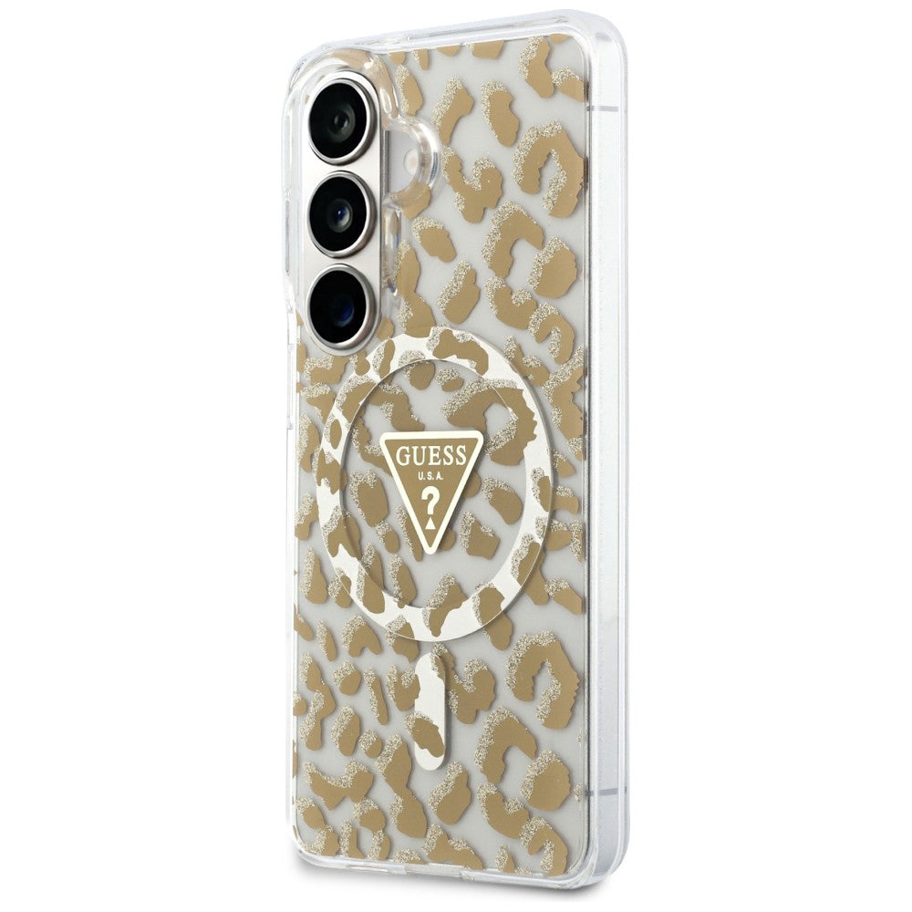 Husa pentru Samsung Galaxy S26 - Guess IML Leopard Print Triangle MagSafe (GUHMS26SHLEGTGLW) - Brown