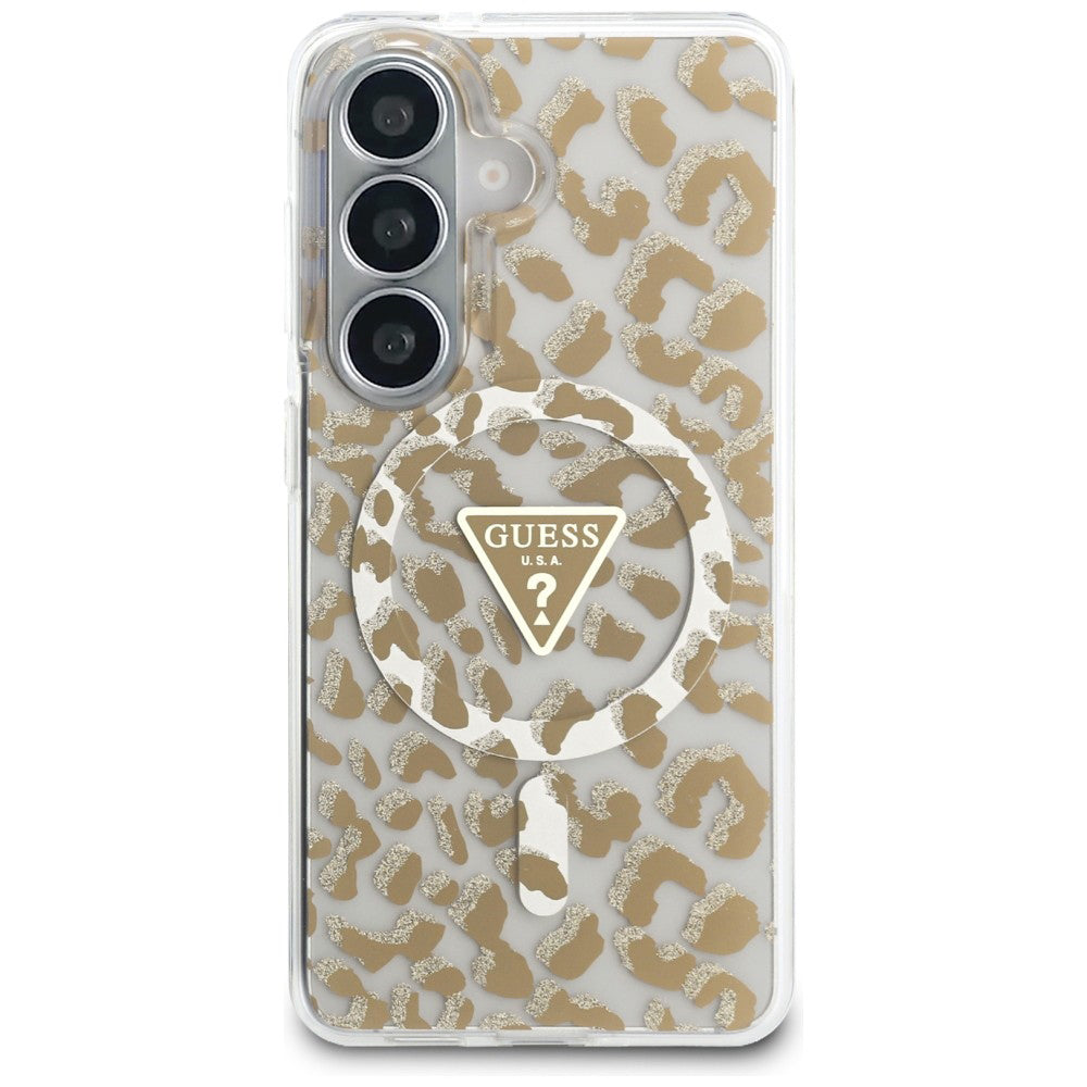 Husa pentru Samsung Galaxy S26 - Guess IML Leopard Print Triangle MagSafe (GUHMS26SHLEGTGLW) - Brown