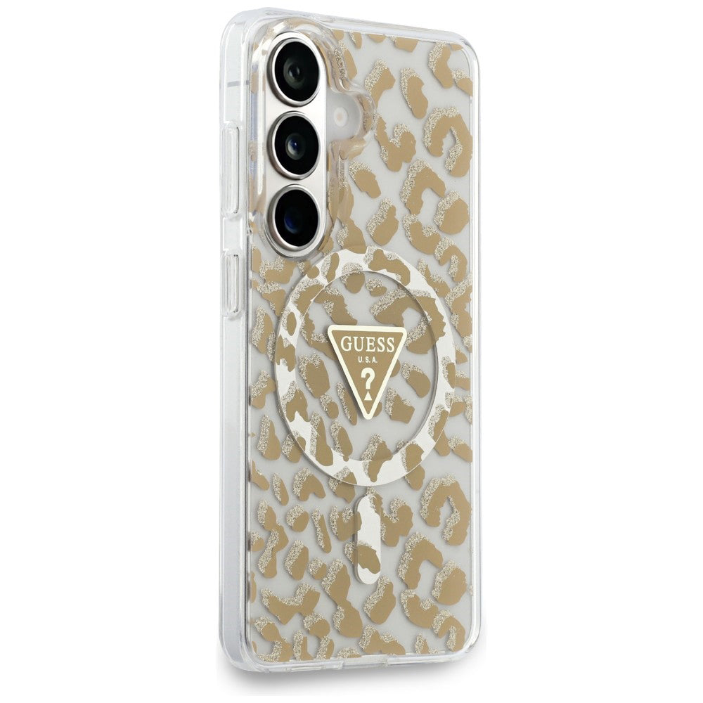 Husa pentru Samsung Galaxy S26 - Guess IML Leopard Print Triangle MagSafe (GUHMS26SHLEGTGLW) - Brown