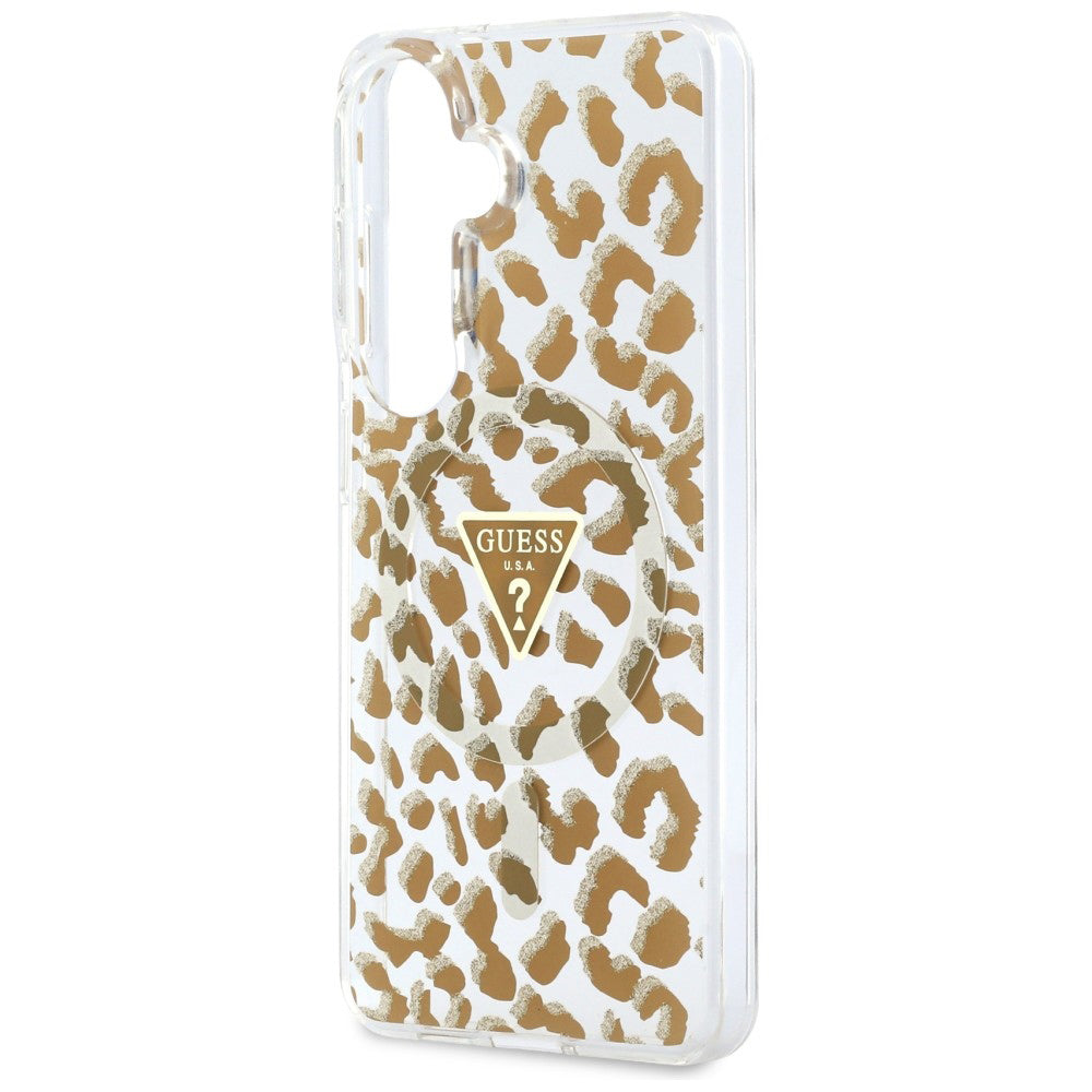 Husa pentru Samsung Galaxy S26 - Guess IML Leopard Print Triangle MagSafe (GUHMS26SHLEGTGLW) - Brown