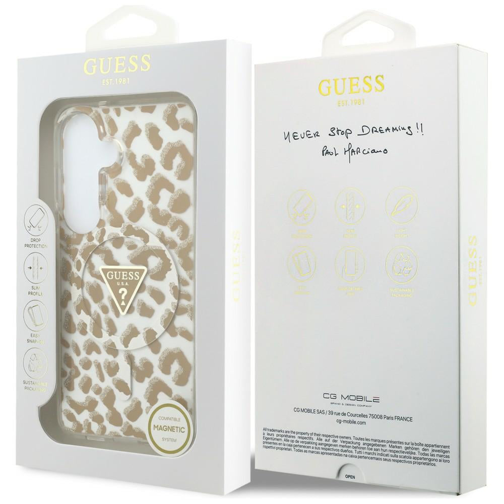 Husa pentru Samsung Galaxy S26 - Guess IML Leopard Print Triangle MagSafe (GUHMS26SHLEGTGLW) - Brown