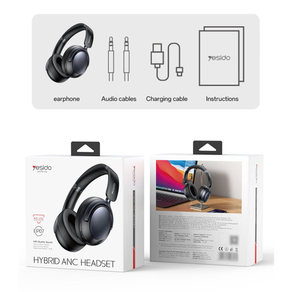 Yesido - Wireless Headphones (EP07) - with Bluetooth V5.3, Hybrid Noise Cancelling, ENC, 500mAh - Black