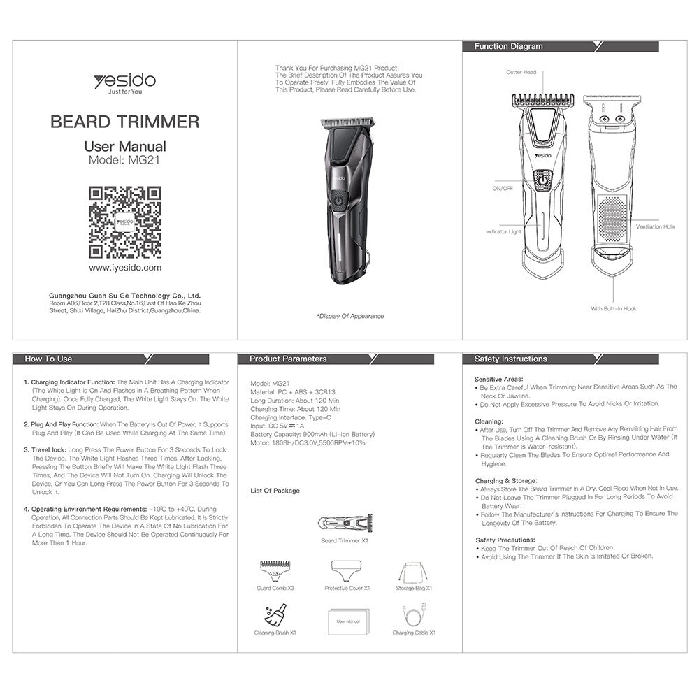Yesido - Beard Trimmer (MG21) - Type-C, 5500RPM, 900mAh - Black