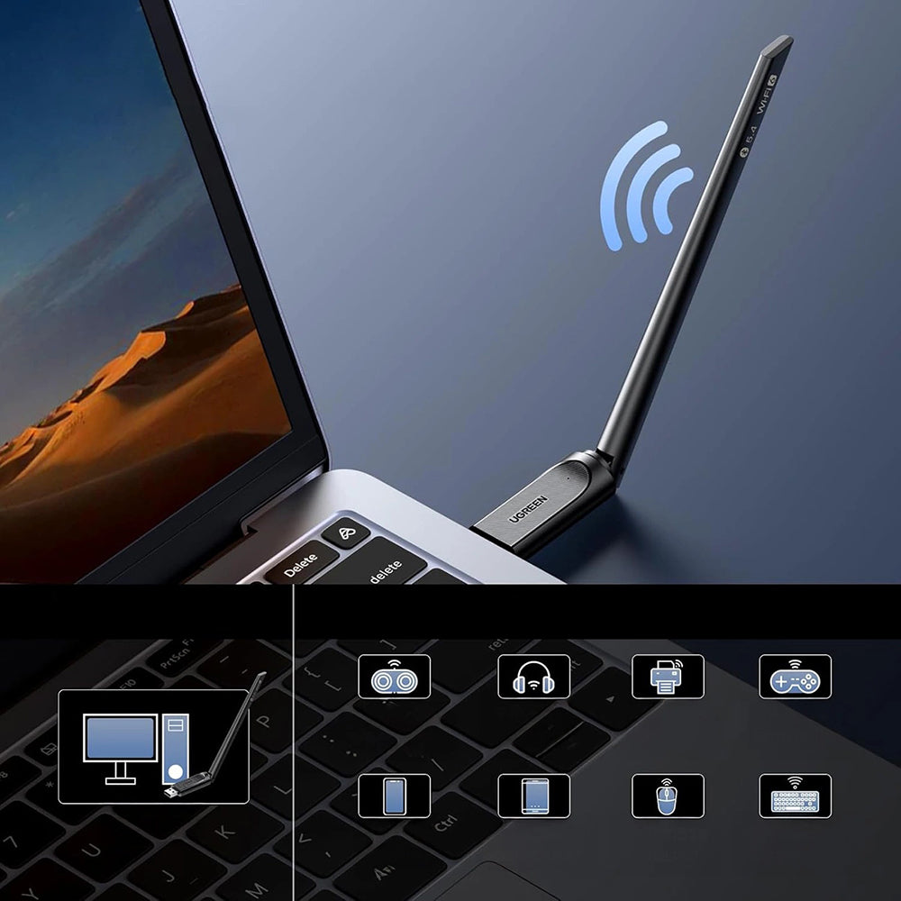 Ugreen - Wi-Fi Adapter AX900 (75109) - Windows 10/11, Bluetooth 5.4, Dual Band, 6dBi Antenna, Built-in Driver, USB - Bla