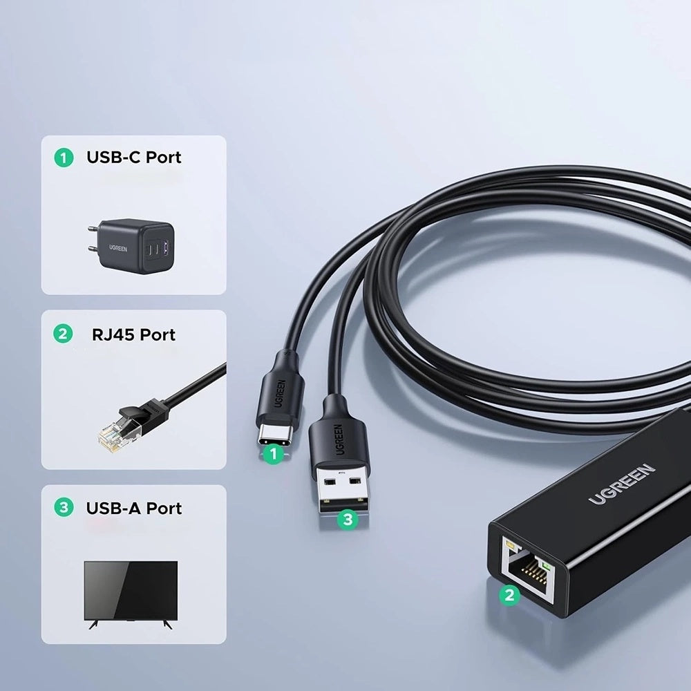 Ugreen - Ethernet Adapter CR110 (75535) - USB, Type-C to RJ45 LAN Port, Plug & Play, Universal, LED Indicator, 100Mbps -