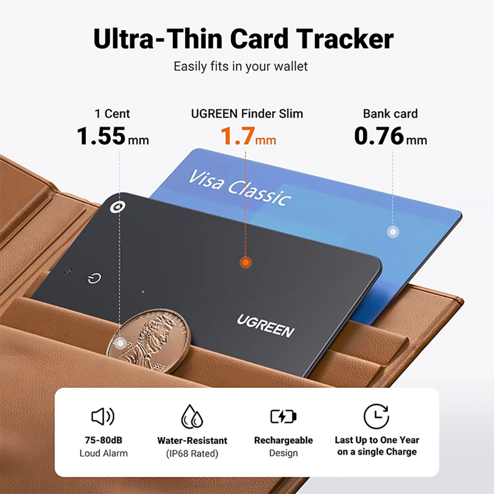 Ugreen - Smart Tracker CM817 (45298) - Apple Find My (iOS Only), BT 5.0, IP68, Ultra-Thin, 80 dB, 12-Month Battery - Bla