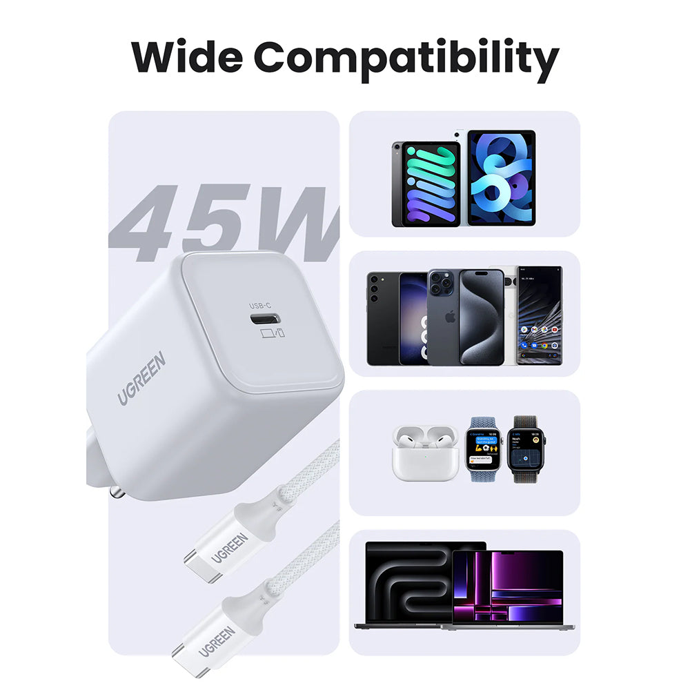 Incarcator Ugreen (65055), USB-C, 45W, GaN, Fast Charge, Alb
