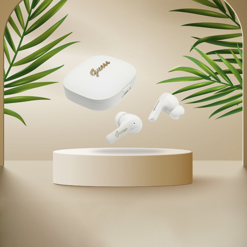 Guess - Wireless Earbuds Script Metal Logo (GUTWSX45PGSH) - Bluetooth V5.4, TWS, with Microphone, Type-C, 400mAh - White