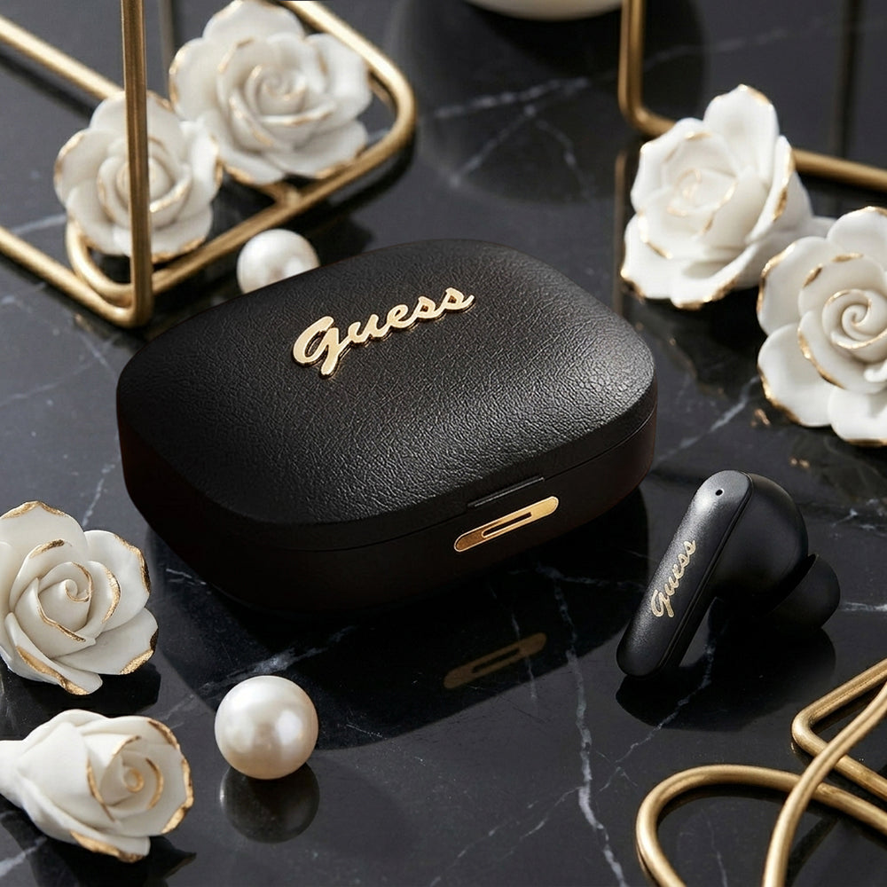 Guess - Wireless Earbuds Script Metal Logo (GUTWSX45PGSK) - Bluetooth V5.4, TWS, with Microphone, Type-C, 400mAh - Black