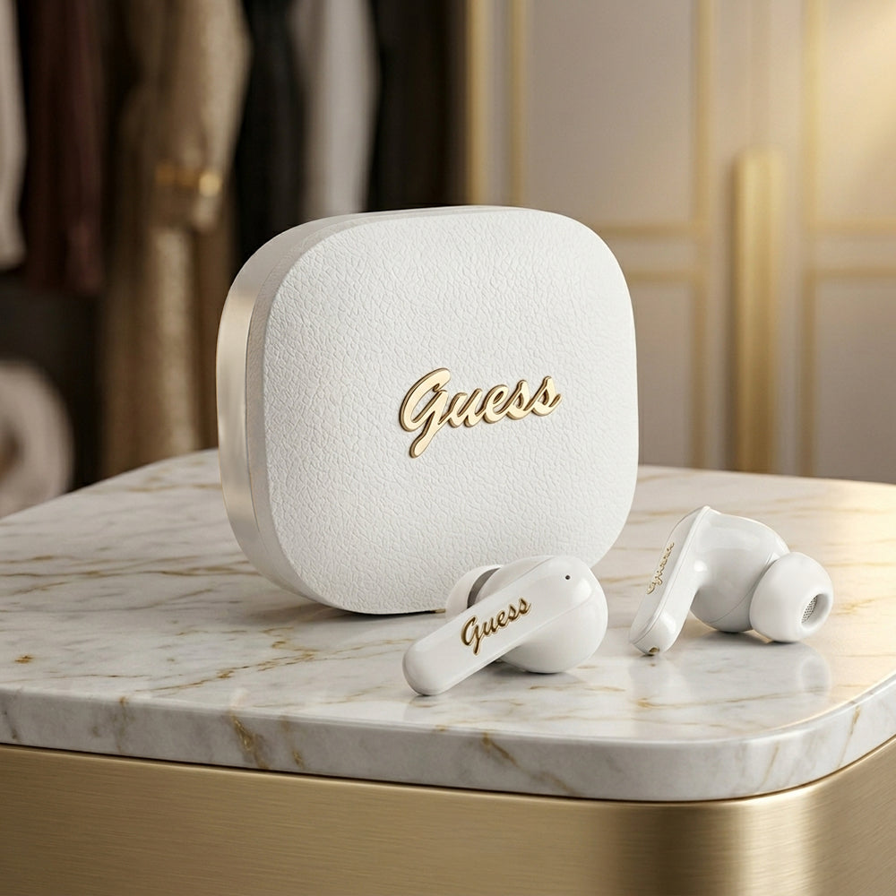 Guess - Wireless Earbuds Script Metal Logo (GUTWSX45PGSH) - Bluetooth V5.4, TWS, with Microphone, Type-C, 400mAh - White