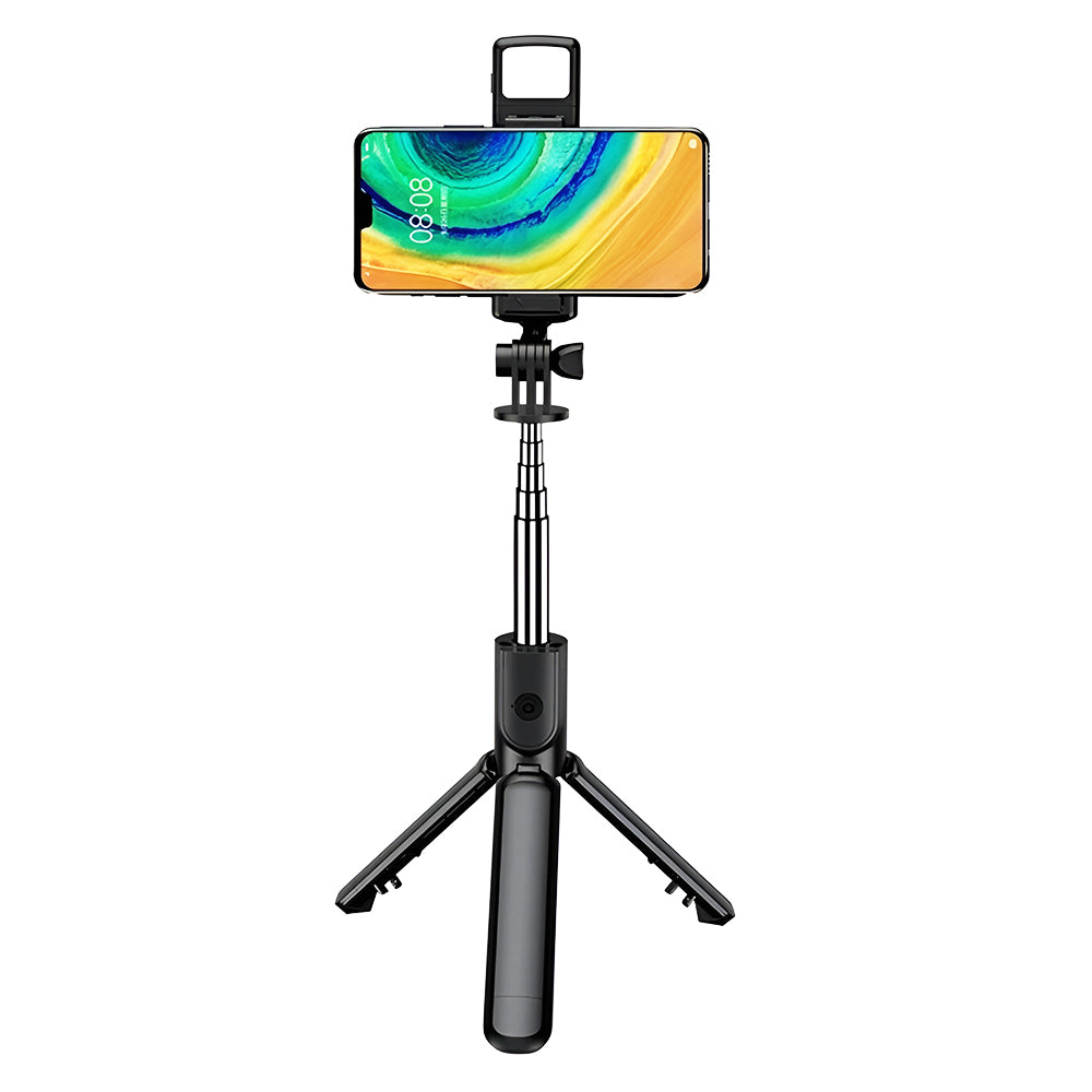Techsuit - Mini Selfie Stick (S03-S) - Stable & Compact Tripod Mount, Bluetooth Remote Control, LED Light, 67cm - Black