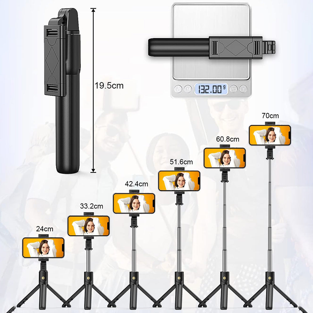 Techsuit - Selfie Stick (K07) - Compact Tripod Mount with Bluetooth Remote Control, Foldable, 70cm - Black